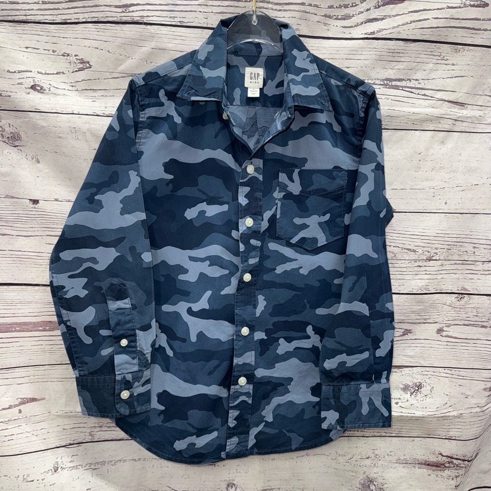 GAP Kids Blue Camouflage Long Sleeve Button Down Boy Shirt Size Small